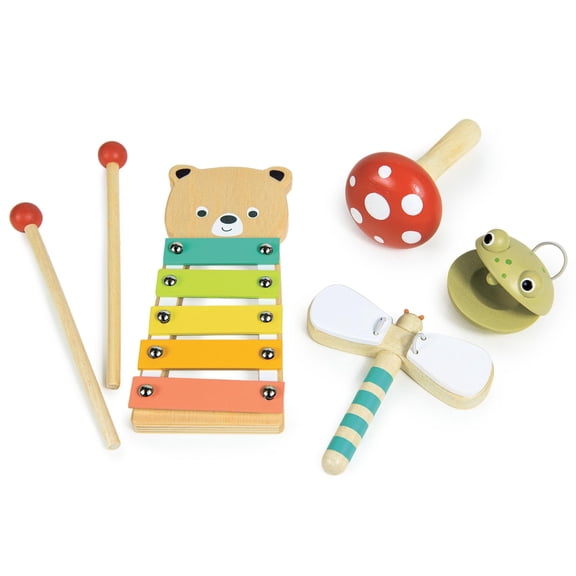 Mentari Toys - Woodland Music Set - 6pc Wooden Musical Instruments with Bear Xylophone, Frog Castanet, Toadstool Maraca and Dragonfly Clacker - Perfect for Rhythm and Fine Motor Skills - Age 3+