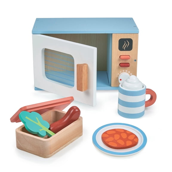 Mentari Wooden Toy Microwave - Interactive Toy Kitchen Accessory with Clicky Knob, Pressable Buttons, and Pretend Food Playset