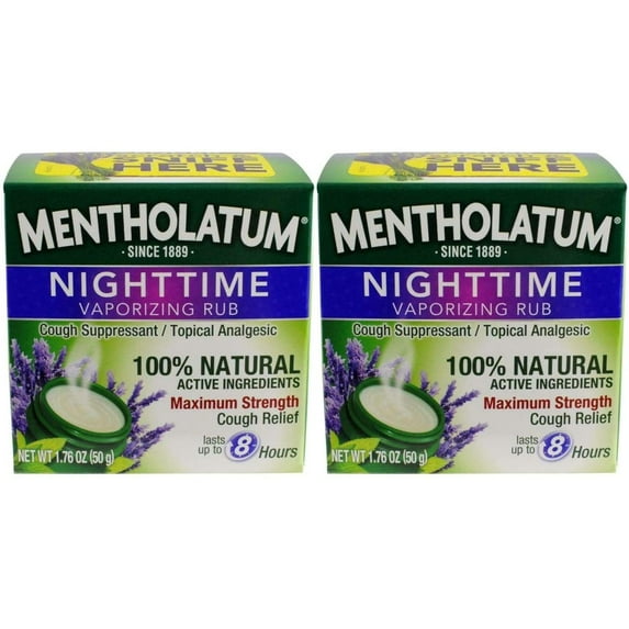 Mentholatum Nighttime Vaporizing Rub, Maximum Strength Cough Relief, 1.76 oz, Pack of 2