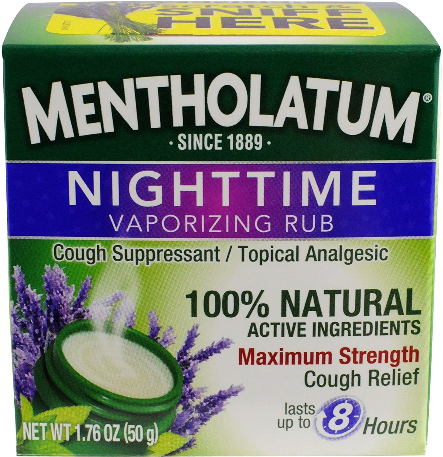 Mentholatum Nighttime Vaporizing Rub with soothing Lavender essence, 1.76 oz. (50 g) - 100% Natural Active Ingredients for Maximum Strength Cough Relief,5326