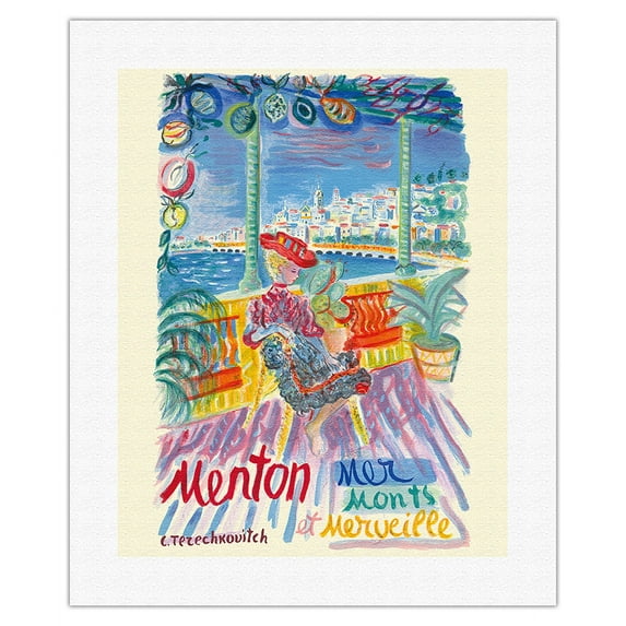 Menton France - Mer Monts et Merveille (Mountains and Sea Wonder) - Vintage Travel Poster by Constantin Terechkovitch c.1960 - Fine Art Rolled Canvas Print 16in x 20in