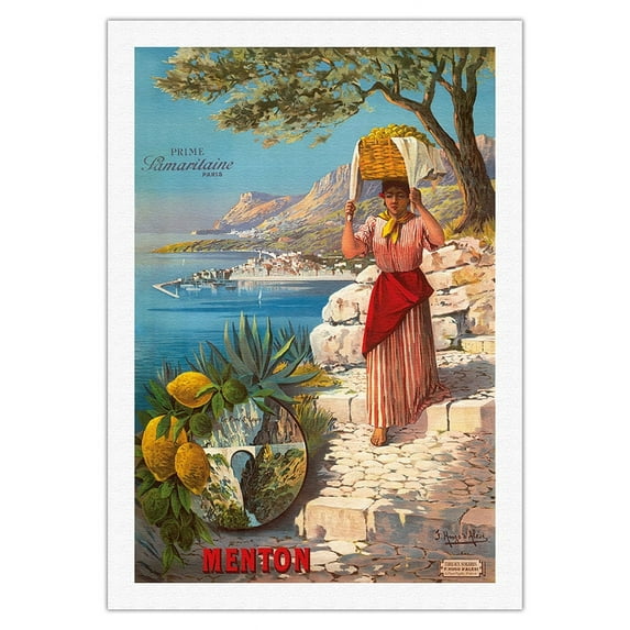 Menton France - Pearl of France - Le Pont Saint-Louis Bridge - Vintage Travel Poster by F. Hugo D’Alési c.1895 - Fine Art Rolled Canvas Print 27in x 40in