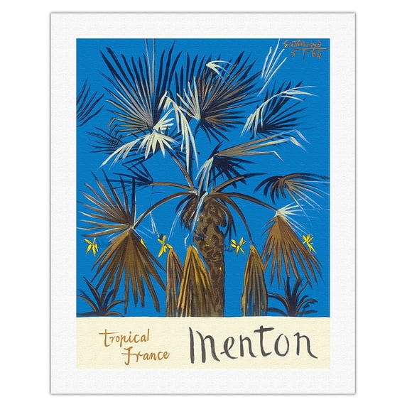 Menton - Tropical France - Palm Tree - Vintage Travel Poster by Graham Sutherland c.1964 - Fine Art Rolled Canvas Print 20in x 26in