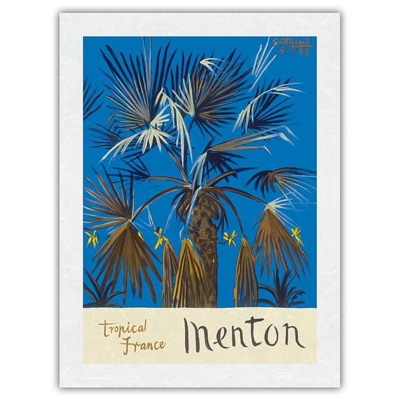 Menton - Tropical France - Palm Tree - Vintage Travel Poster by Graham Sutherland c.1964 - Japanese Unryu Rice Paper Art Print 24 x 32 in