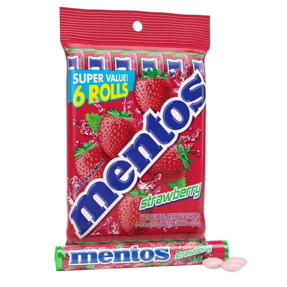 Mentos Chewy Mint Candy AIF9 Roll, Strawberry Mint Candies, 14 Pieces Per Roll, 6 Count Party Pack