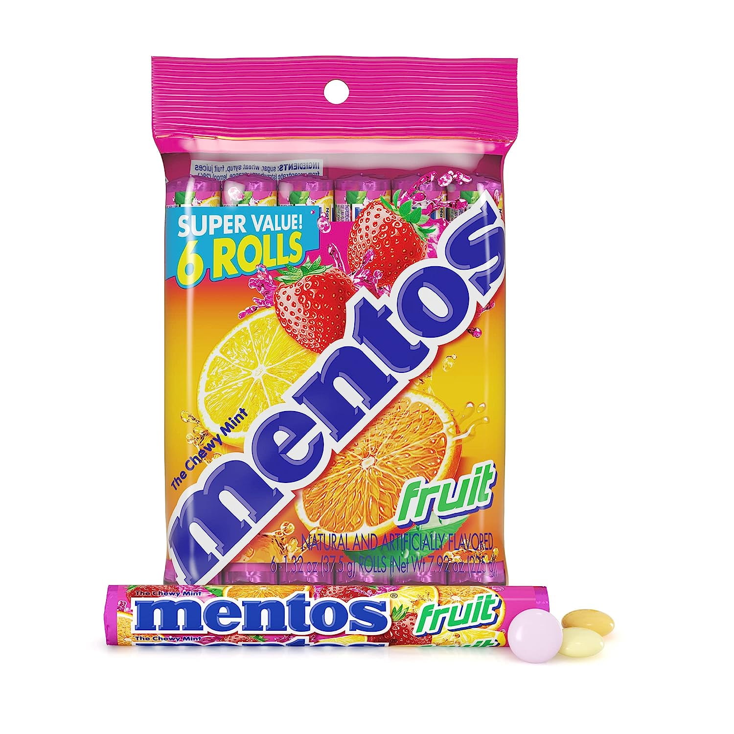 Mentos Chewy Mint Candy Roll, Assorted Fruit, Peanut & Tree Nut Free, Regular Size, 1.32 oz, 6