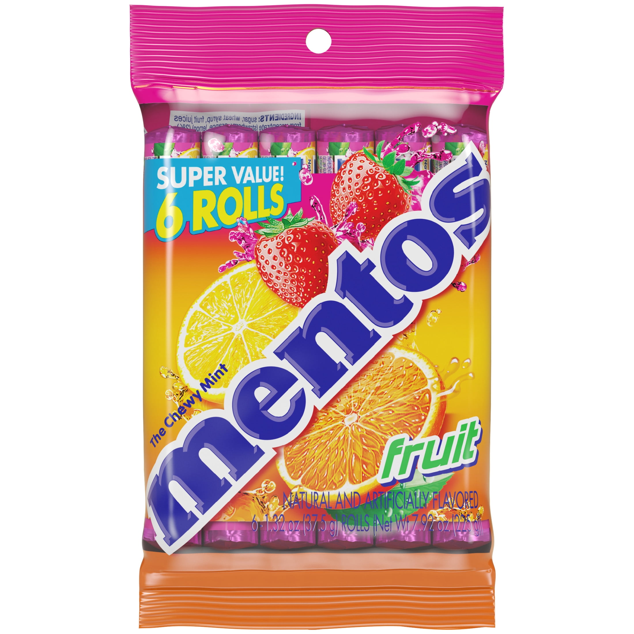 Mentos Assorted Fruit Chewy Mint Candy Roll, 1.32 oz, Pack of 6