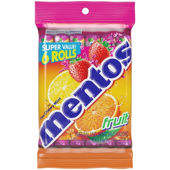 Mentos Assorted Fruit Chewy Mint Candy Roll, 1.32 oz, Pack of 6