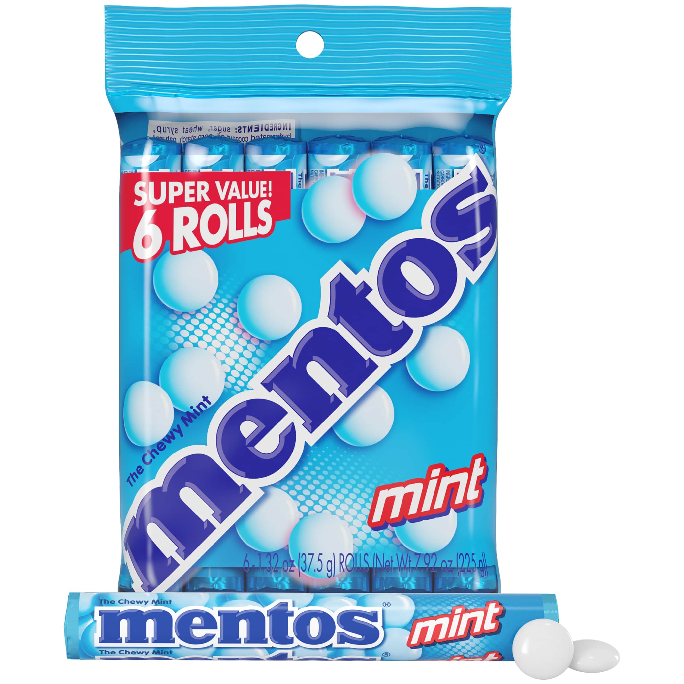 Mentos Chewy Mint Candy Roll, Peppermint, Peanut Free, Regular Size, 1.32 oz, 6 Count - image 1 of 8