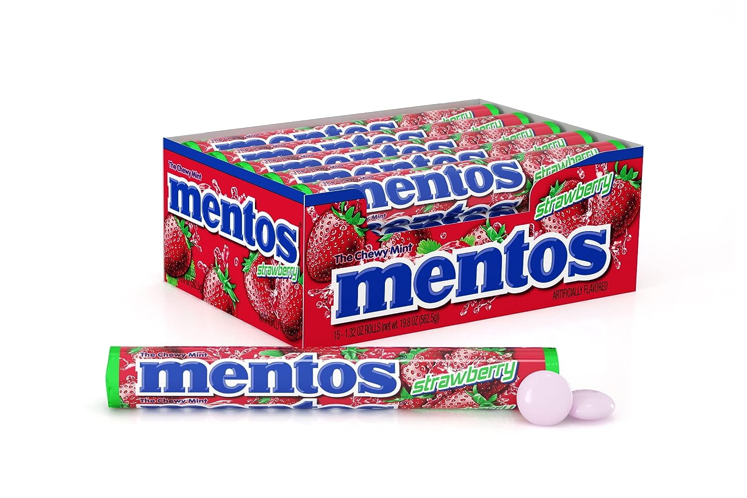 Mentos Chewy Mint Candy Roll, Strawberry, Peanut and Tree Nut Free, 1.32  oz, 15 Count 