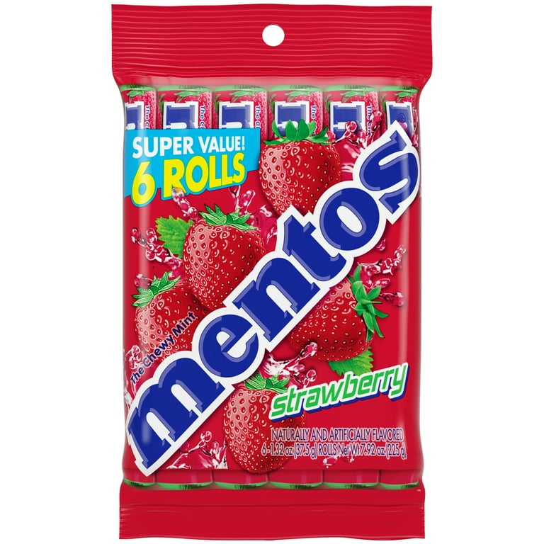 Mentos Chewy Mint Candy Roll, Strawberry, Peanut and Tree Nut Free, Regular  Size, 1.32 oz, 6 Count