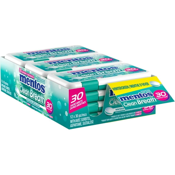 Mentos Clean Breath Mints, Wintergreen, 30 pc/Pack of 12