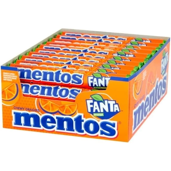 Mentos Fanta Orange Chewy Candy Rolls 40 Count Display Box, 37g Packs, Fizzy Citrus Flavor