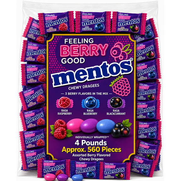 Mentos Feeling Berry Good Exotic Fruit Flavors, Raspberry, Blackcurrant, Blueberry, Individually Wrapped, Bulk Fun Size Chewy Candy (4 Pounds)