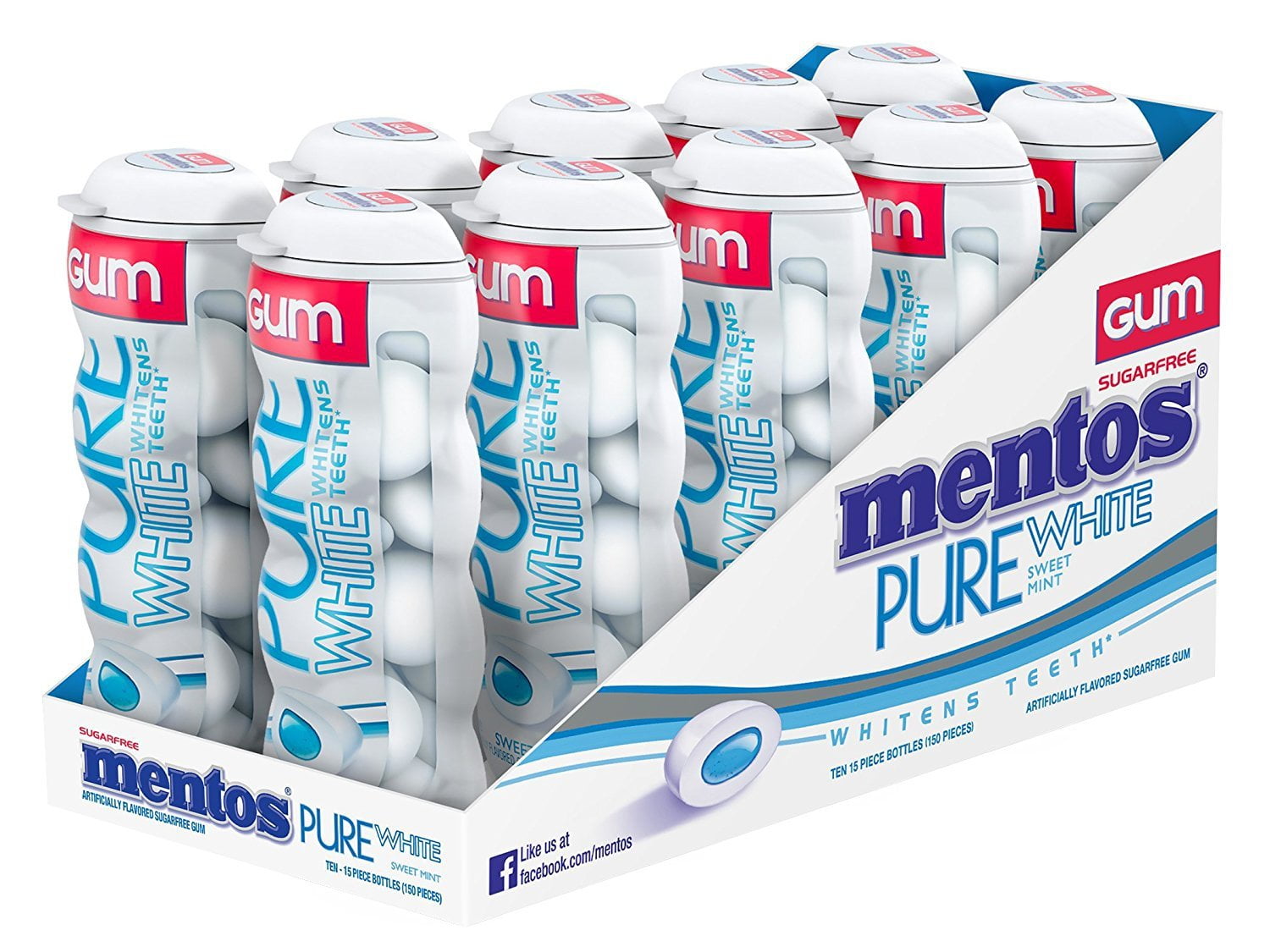 Mentos Gum Pocket Bottle, Pure White Sweet Mint, 1.06 Ounce Pack of 10