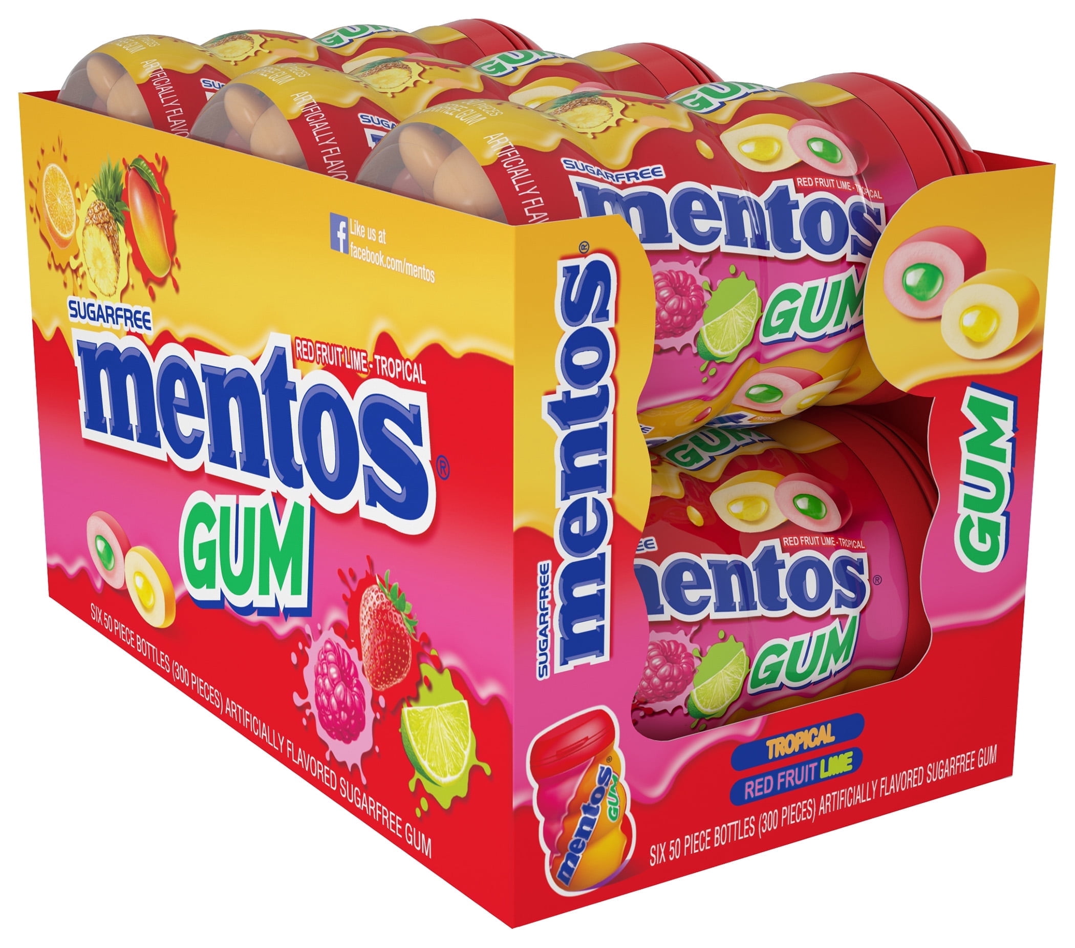 Mentos Gum Red Fruit and Lime-Tropical 50 piece Curvy Bottle - Pack of 6