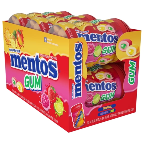 Mentos Gum Red Fruit and Lime-Tropical 50 piece Curvy Bottle - Pack of 6