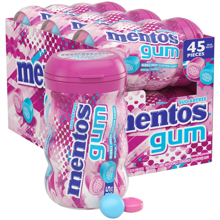 Mentos Gum Sugar-Free Bubble Fresh Cotton Candy Chewing Gum, 45 Pieces, (6  Bottles of 45)