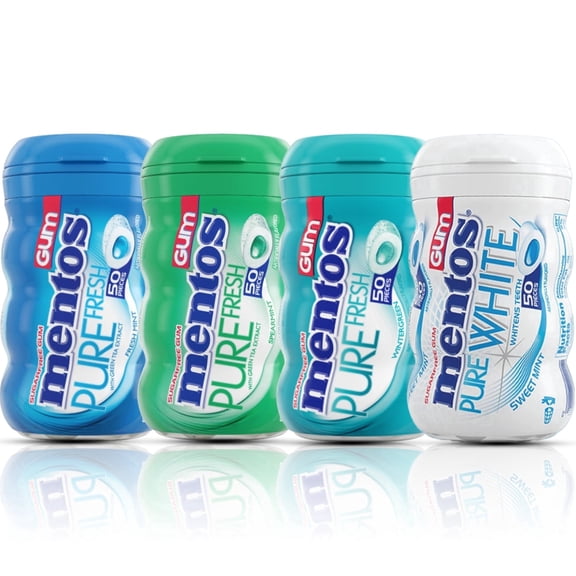 Mentos Gum Sugar Free, Chewing Gum | Xylitol Gum | 4 Mentos Bottles Variety - Pure Fresh Mint, Fresh Wintergreen, Spearmint, Pure White - 50 Pieces each | Ships in an Aromatik damage proof box