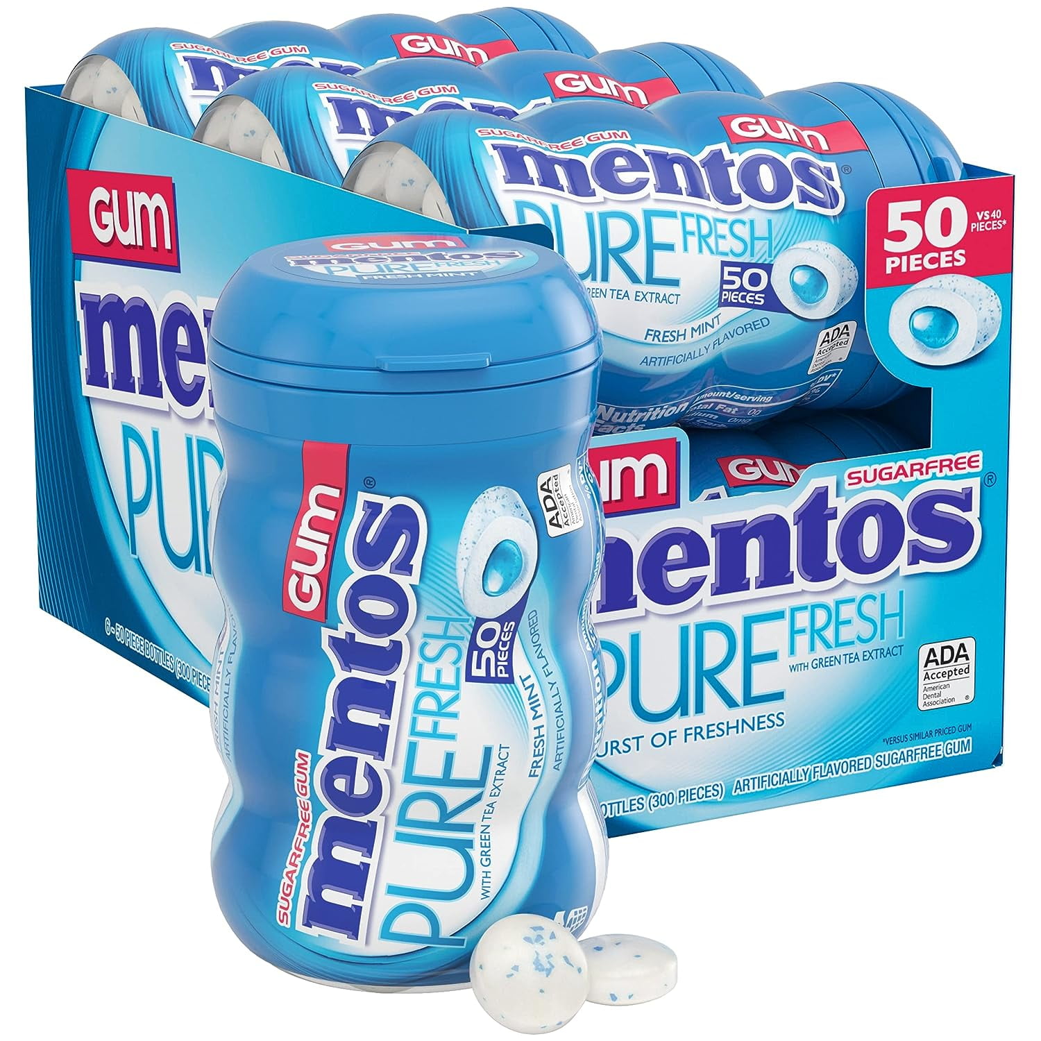 Mentos Pure Fresh, Sugarfree Mint Flavour, Chewing Gum Bottle Pack, 327.6  g- Pack of 6