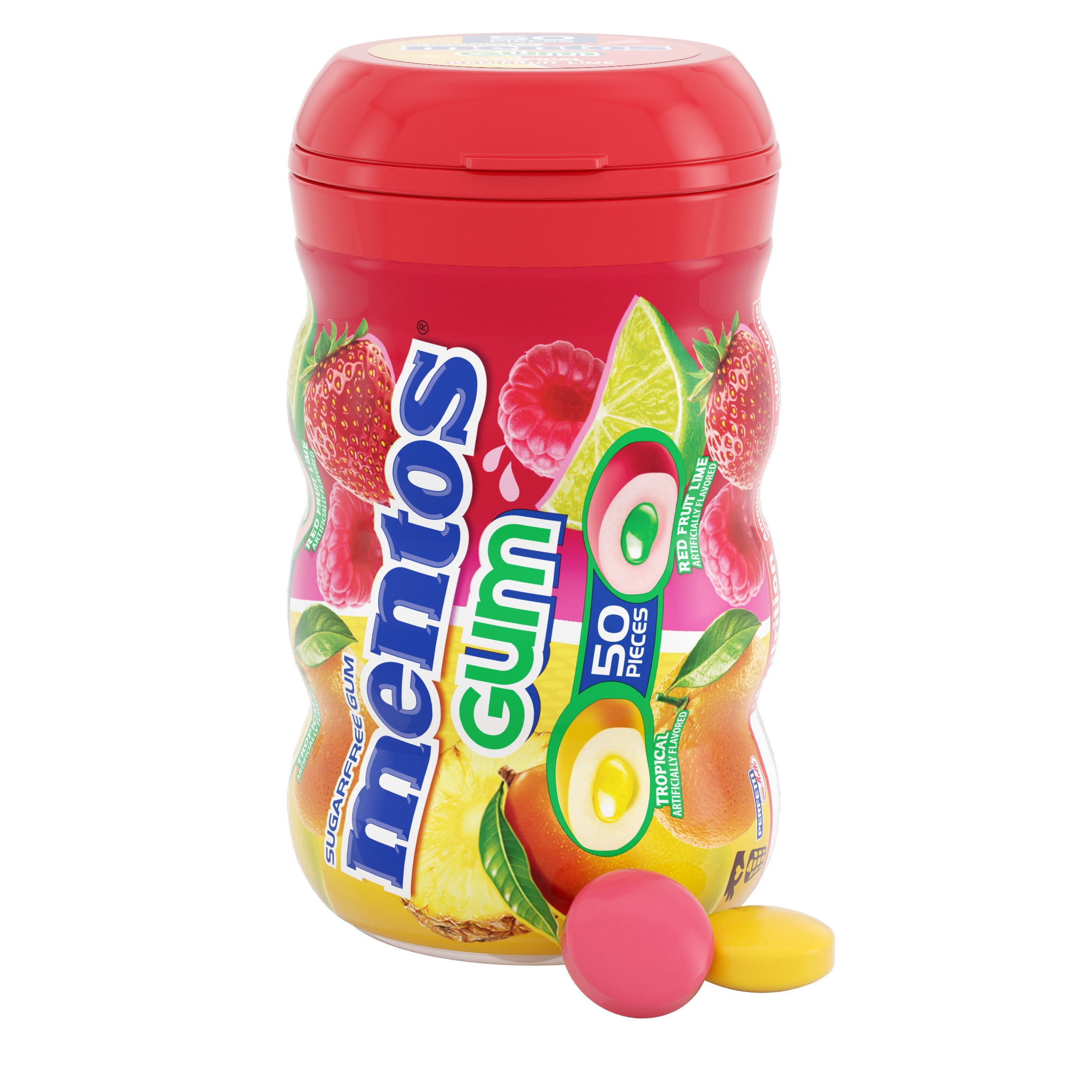 Mentos Gum Sugar-Free Tropical Red Fruit Lime Chewing Gum, 50 Regular Size Pieces, Bottle