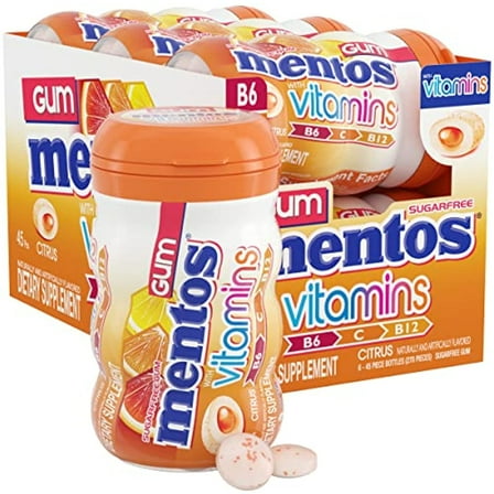 Mentos Gum With Vitamins, Sugar Free Chewing Gum With Xylitol, Citrus Flavor, Vitamins B6, B12 And C, Bottle Of 45 (Bulk Pack Of 6)