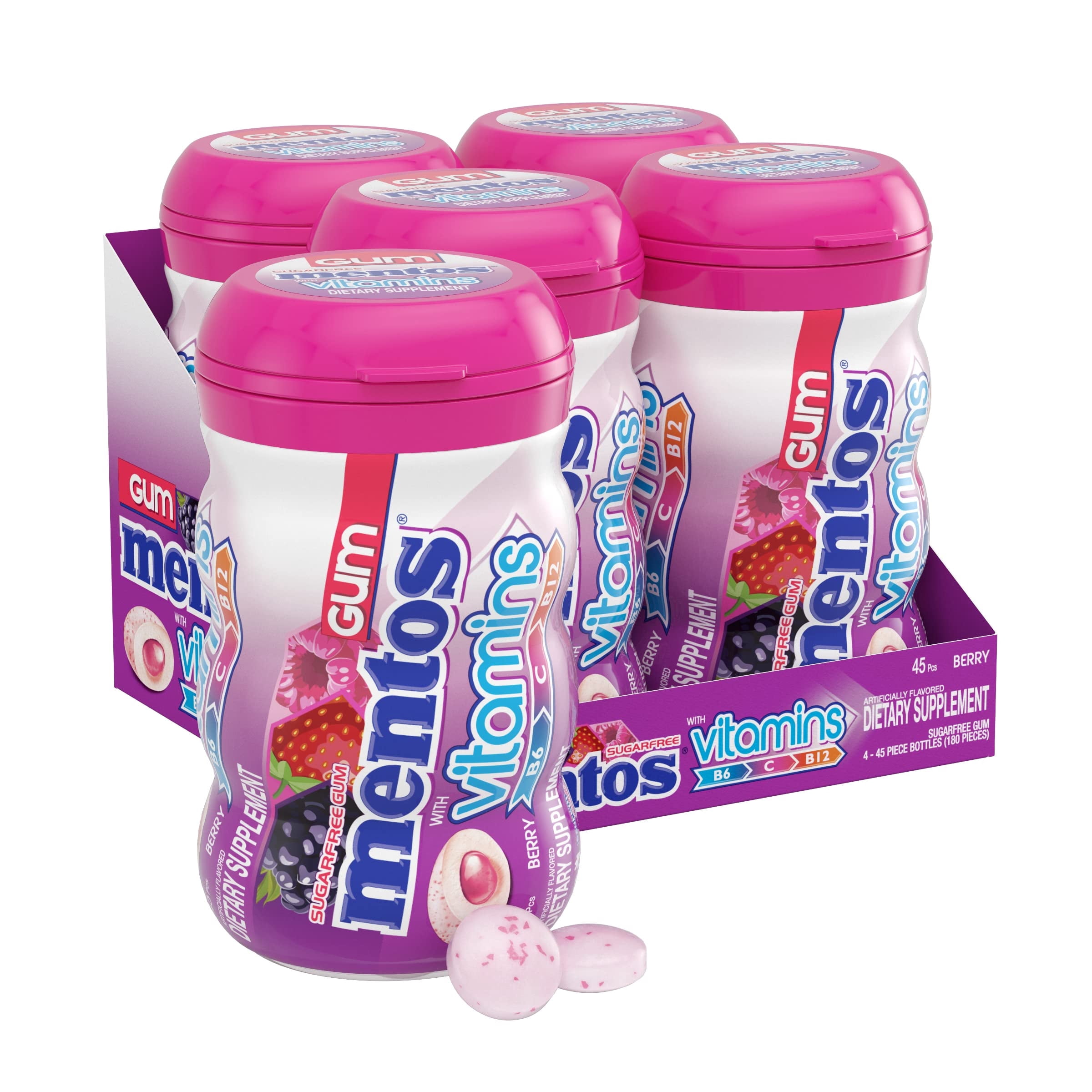 Mentos Gum with Vitamins, Sugar-Free Chewing Gum with Xylitol, Berry Flavor, Vitamins B6, B12, & C, 45 Piece Bottle (Pack of 4)