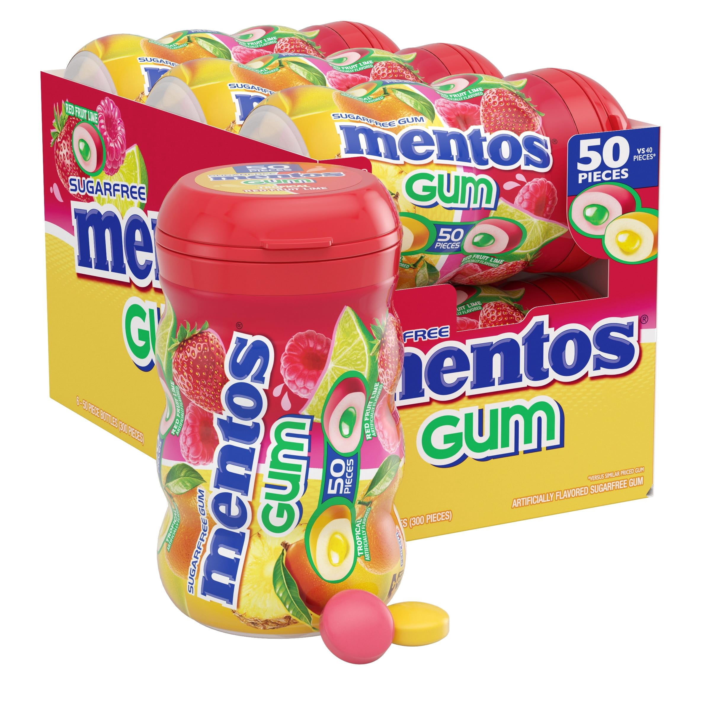 Mentos Holiday Sugar-Free Chewing Gum, Tropical, Red Fruit and Lime, Christmas Stocking Stuffers for Adults & Kids, 50 Piece Bottle (Bulk Pack of 6)