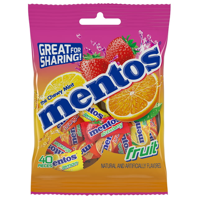 Mentos Individually Wrapped Chewy Mint Candy Peg Bag 40pc Fruit