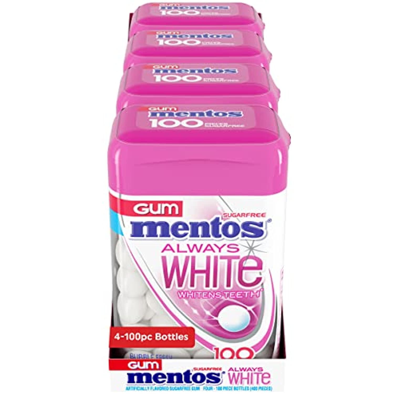 Mentos Always White Sugar-Free Chewing Gum with Xylitol, Bubble Fresh, 100 Piece Bottle (Pack of 4)