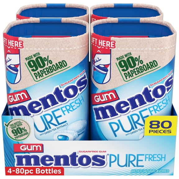 Mentos Pure Fresh Chewing Gum, Sugar-Free, Xylitol, Fresh Mint, 80 Piece Bottle, recyclable 90% Paperboard Bottle, 80 Count (Pack of 4)
