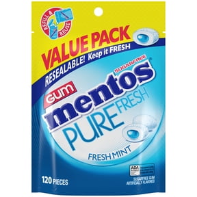 Mentos Pure Fresh Sugar-Free Fresh Mint Xylitol Chewing Gum, 120 Count Resealable Bag