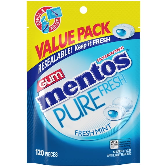 Mentos Pure Fresh Sugar-Free Fresh Mint Xylitol Chewing Gum, 120 Count Resealable Bag