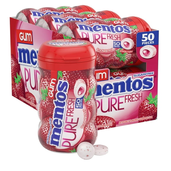 Mentos Pure Fresh Sugar-Free BCF26 Chewing Gum with Xylitol, Strawberry, 50 Piece Bottle (Bulk Pack of 6)