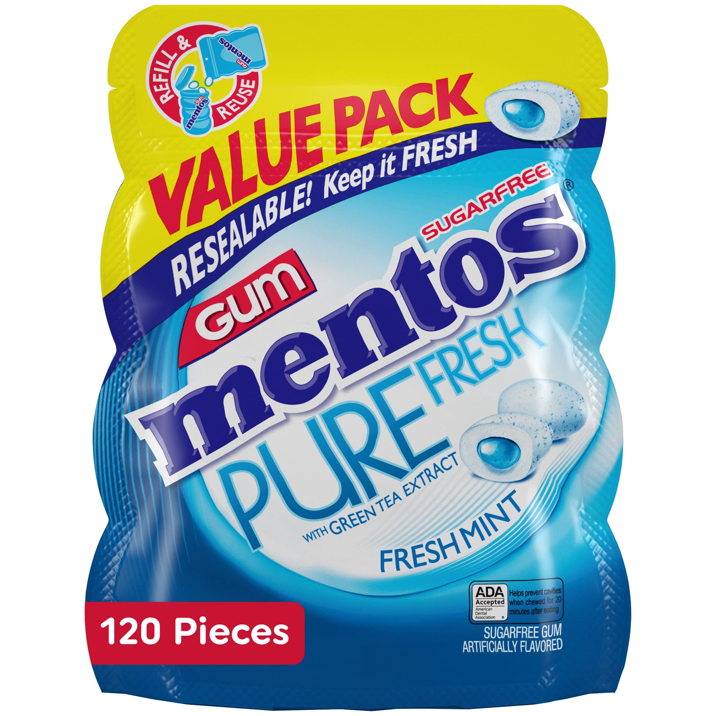Mentos Pure Fresh Sugar-Free HP29 Chewing Gum with Xylitol, Fresh Mint, 120 Piece Bulk Resealable Bag (Pack of 1)