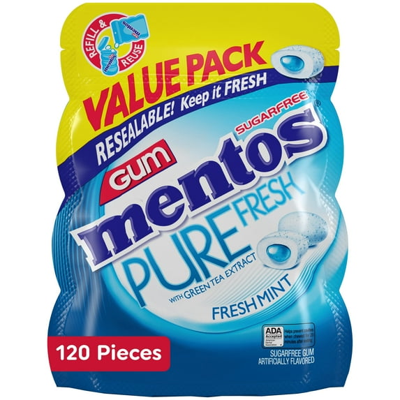 Mentos Pure Fresh Sugar-Free HP29 Chewing Gum with Xylitol, Fresh Mint, 120 Piece Bulk Resealable Bag (Pack of 1)