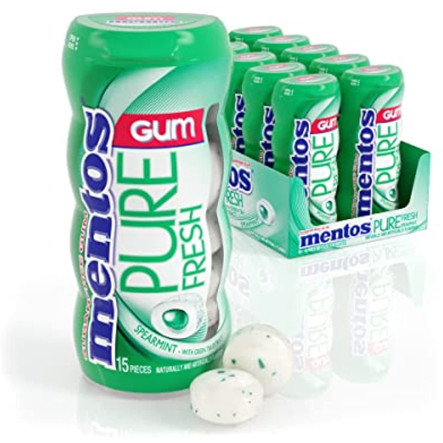 Mentos Pure Fresh Sugar-Free Chewing Gum With Xylitol, Spearmint, 15 Piece Bottle (Bulk Pack Of 10)