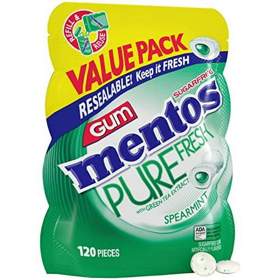 Mentos Pure Fresh Sugar-Free Chewing MDA05 Gum with Xylitol, Spearmint, 120 Piece Bulk Resealable Bag (Pack of 1)