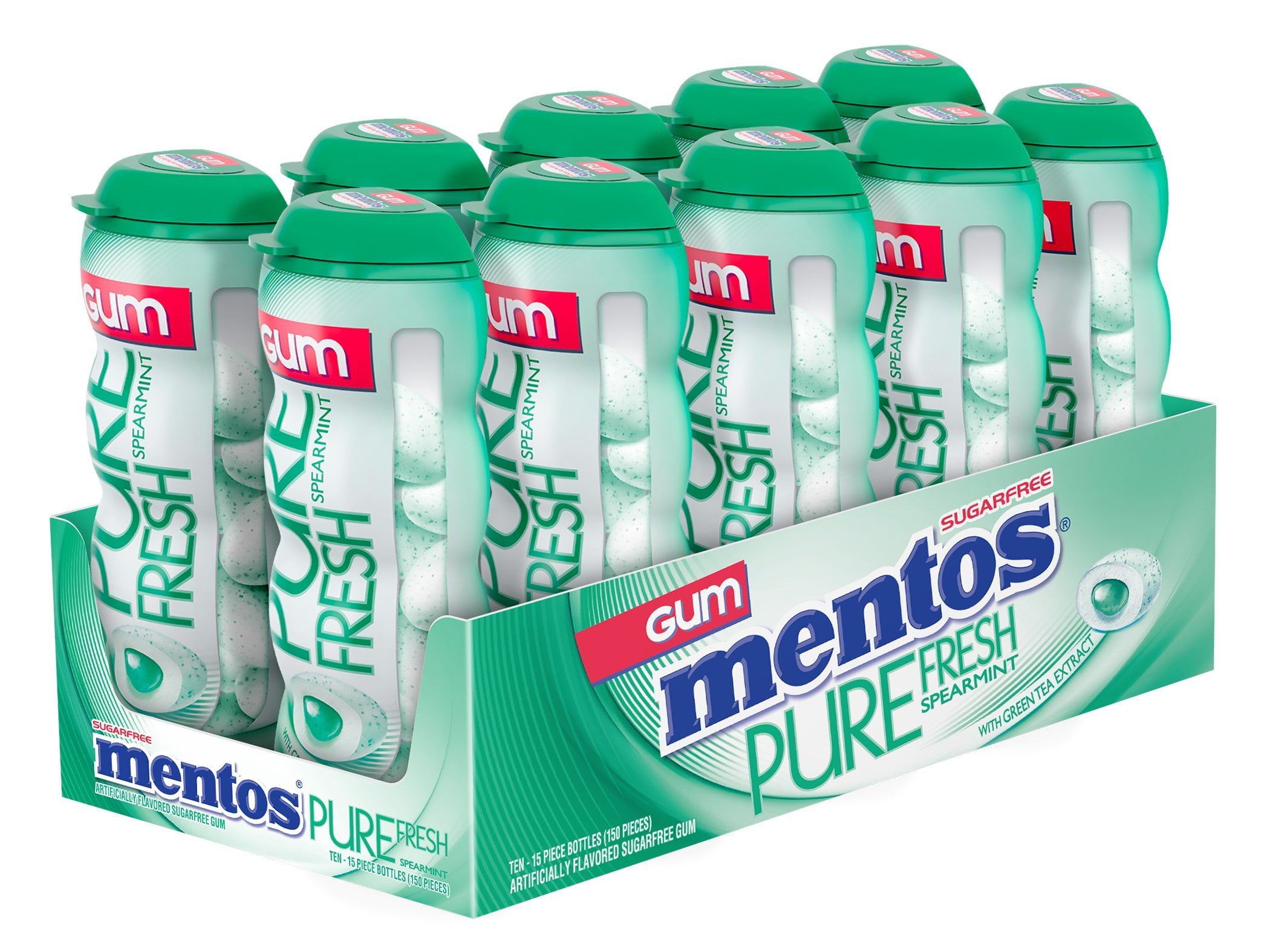Mentos Pure Fresh Sugar-Free Chewing Gum with Xylitol, Spearmint, 15 Piece Bottle (Bulk Pack of 10)