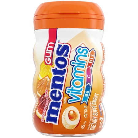 Mentos Pure Fresh Sugar-Free Gum, Citrus Flavor, Regular Size, Vitamins B6, B12 & C, 45 Count