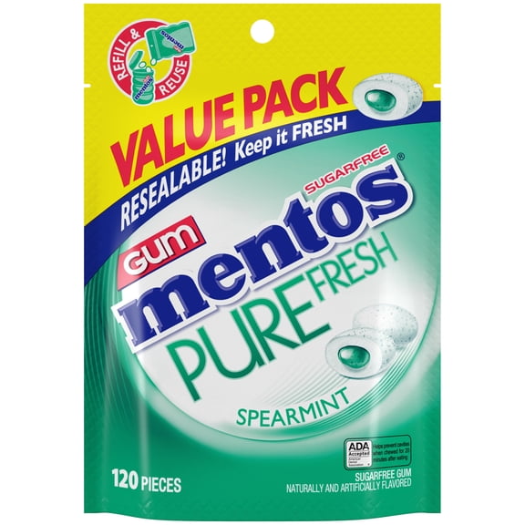 Mentos Pure Fresh Sugar-Free Spearmint Xylitol Chewing Gum, 120 Count Resealable Bag