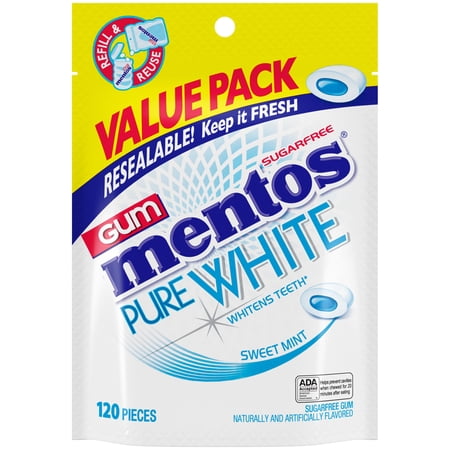 Mentos Pure White Sugar-Free Chewing Gum, Sweet Mint, Nut Free, 120 Regular Size Pieces