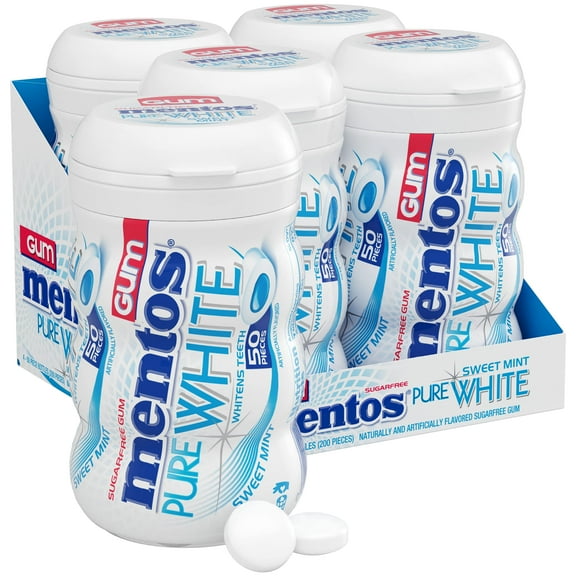 Mentos Pure White Sugar-Free Chewing Gum with Xylitol, Sweet Mint, 50 Piece Bottle (Bulk Pack of 4) YU4