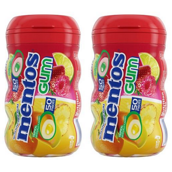 Mentos RED FRUIT & LIME Sugar-Free Chewing Gum with Xylitol 50 Piece Bottle 3.53Oz., (Pack Of 2)