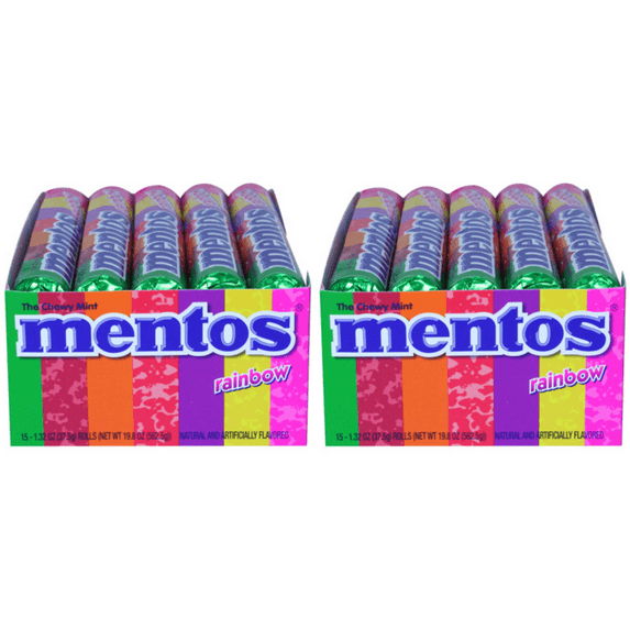 Mentos Rainbow Flavor Roll Non Melting 15 Rolls (1.32 oz. per roll) (Pack of 2)
