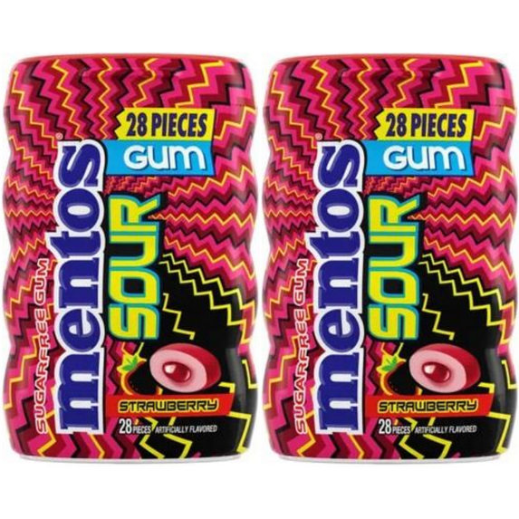 Mentos SOUR STRAWBERRY Sugar-Free Chewing Gum with Xylitol 28 Piece Per Bottle 1.98 Oz., (Pack Of 2)