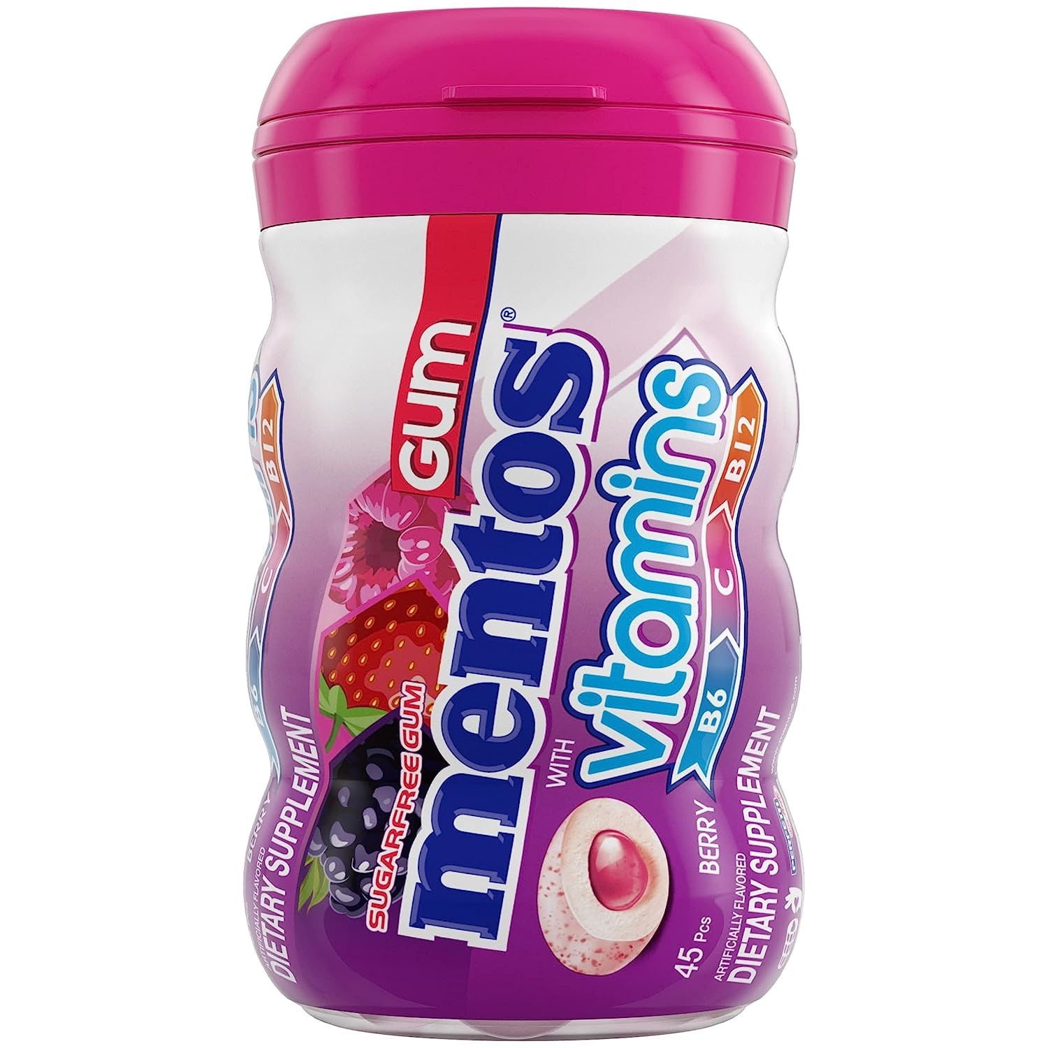 Mentos Sugar Free Chewing Gum with Vitamins B6  C and B12  Berry Flavored (Pack of 6)