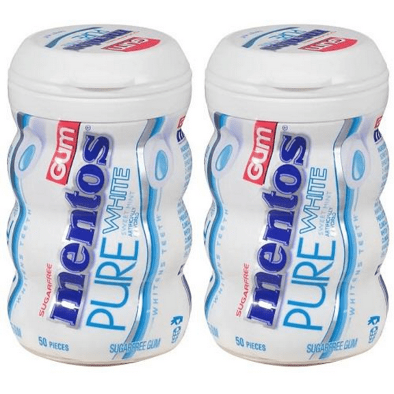 Mentos WHITE Sugar-Free Chewing Gum with Xylitol 50 Piece Bottle 3.53Oz., (Pack Of 2)