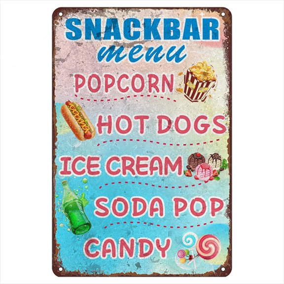 Menu Metal Tin Sign, 12" X 8" - Snackbar Menu Popcorn, Hot Dogs, Ice Cream, Soda Pop, Candy - Vintage Retro Wall Art Decor, Durable Indoor Outdoor Metal Poster For Snack Bar, Gift For Snack Shop Owne