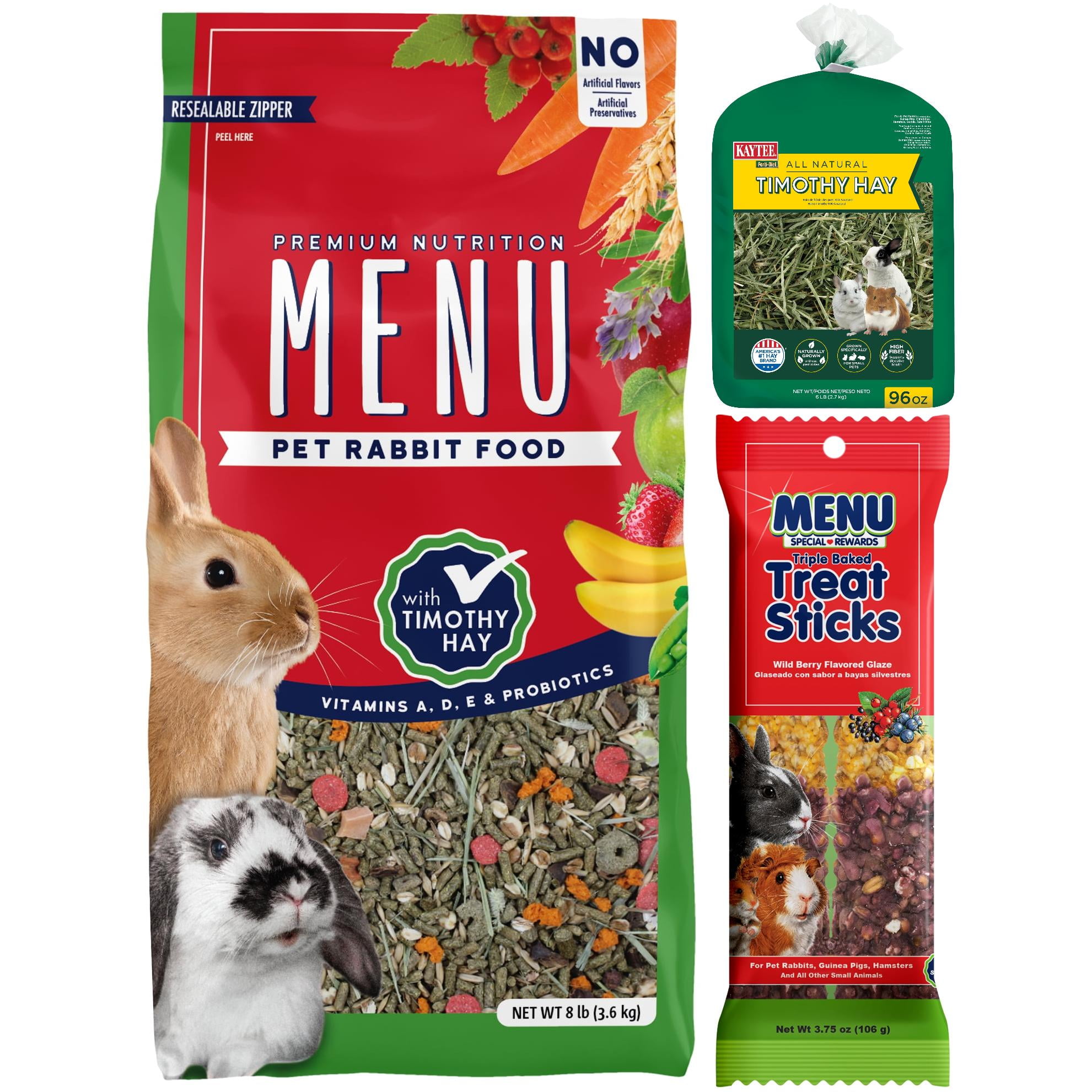 Menu Premium Rabbit Food, Kaytee Forti-Diet All Natural Timothy Hay , 96 + Menu Crunch Stick ounce